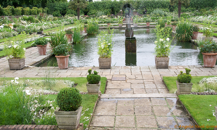 London Update News and Views; Kensington Palace sunken garden which was a favorite of Princess Diana has an all white color planting to commemorate the anniversary of her death 20 years ago.