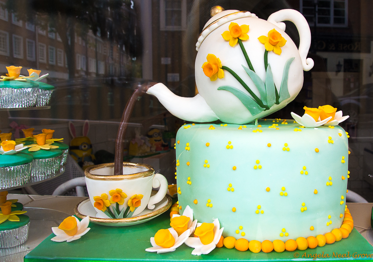 London Update News and Views; cake in shape of a teapot and cup. The "tea" is chocolate
