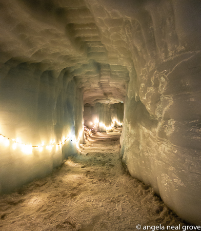 Inside the Langjokull Glacier, the second largest in Iceland. This man-made tunnel is part of a web deep below the surface. It is lit by christmas-type lights which occasionaly go out. Then it is completely dark. We walked through these deep, cold, wet dripping tunnels finding crevasses and even a chapel which has been carved from the ice, where weddings take place. Iceland is a land of contrasts. //: PHOTO: A.N GROVE